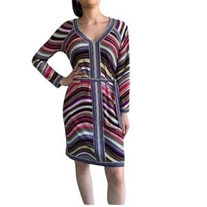 BCBGMaxazria Multi-Colour V-Neck Long Sleeve Knee Length Shift Dress Size S